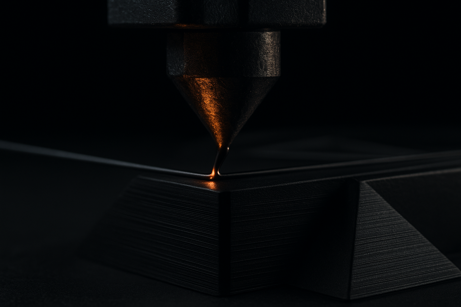 Close-up of a 3D printer nozzle depositing filament with precision