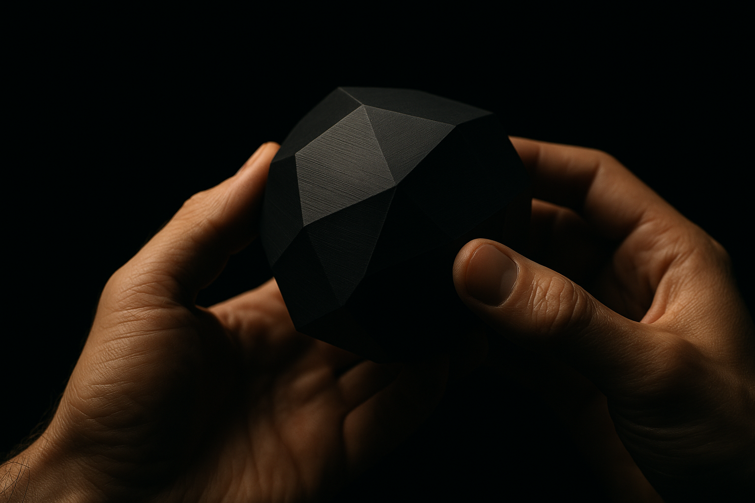 Hands carefully inspecting a precision 3D printed geometric object